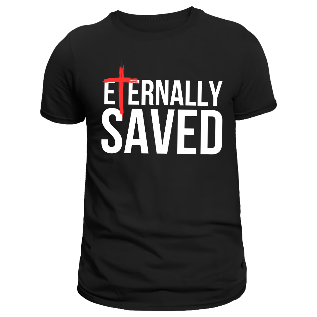 Black t-shirt with 'Eternally Saved' text and red cross on a white background