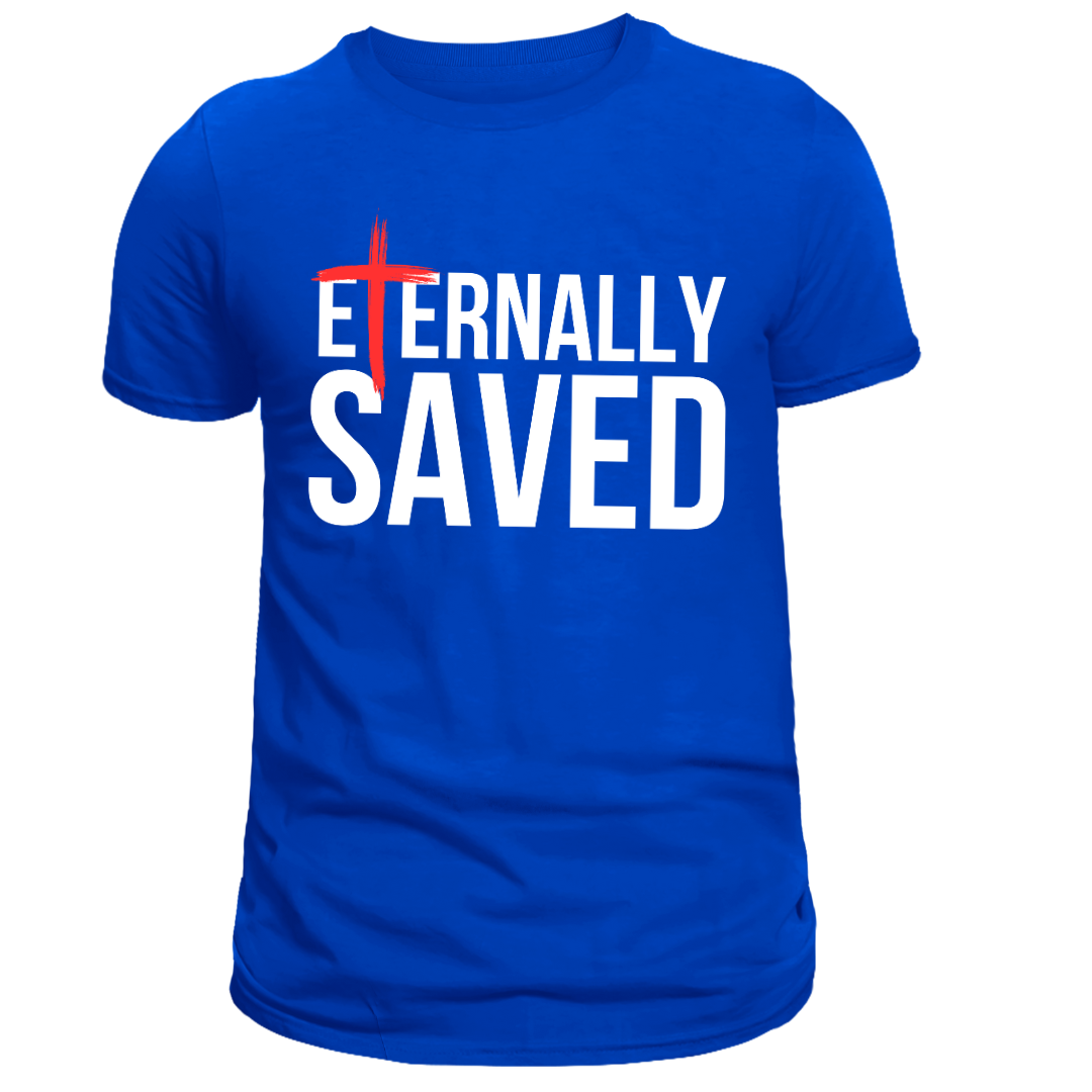 Blue t-shirt with 'Eternally Saved' text and red cross on a white background