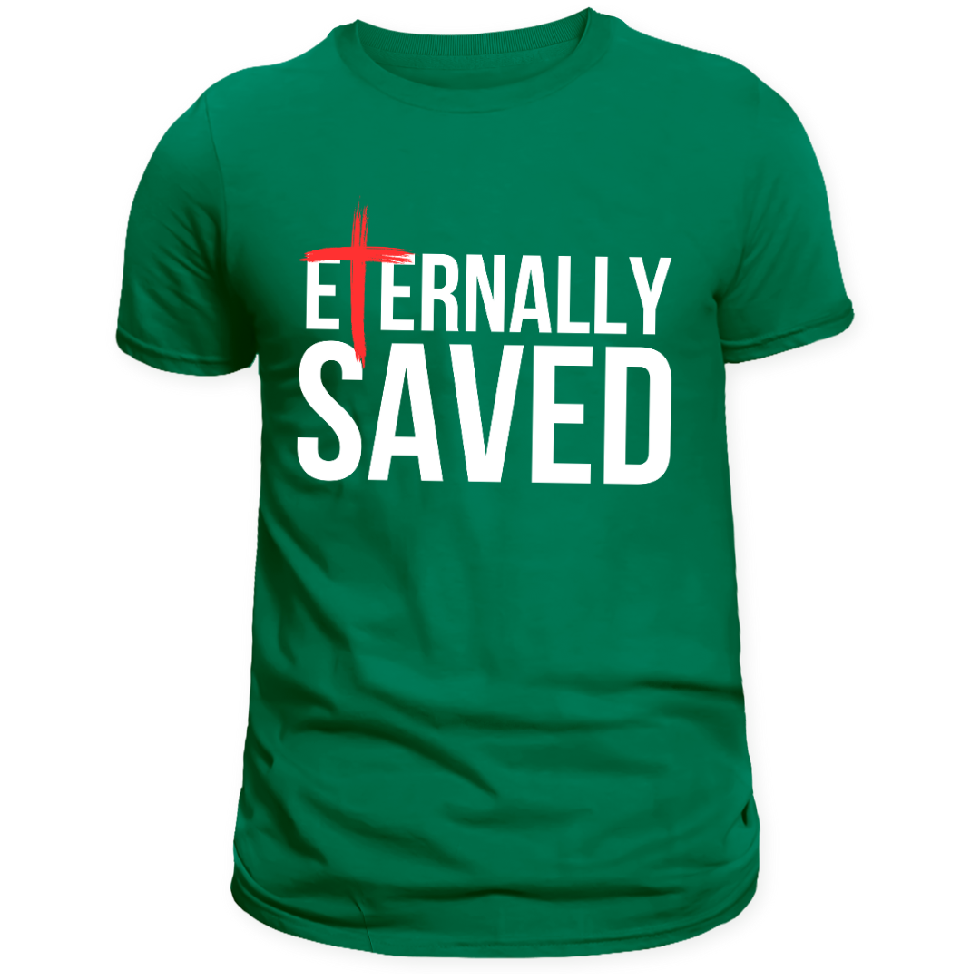 Green t-shirt with 'Eternally Saved' text on a white background