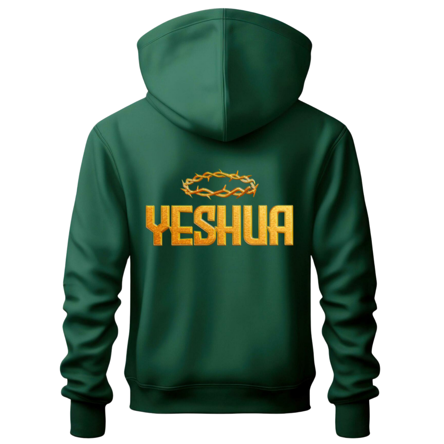 Green hoodie with 'Yeshua' printed on the back against a white background