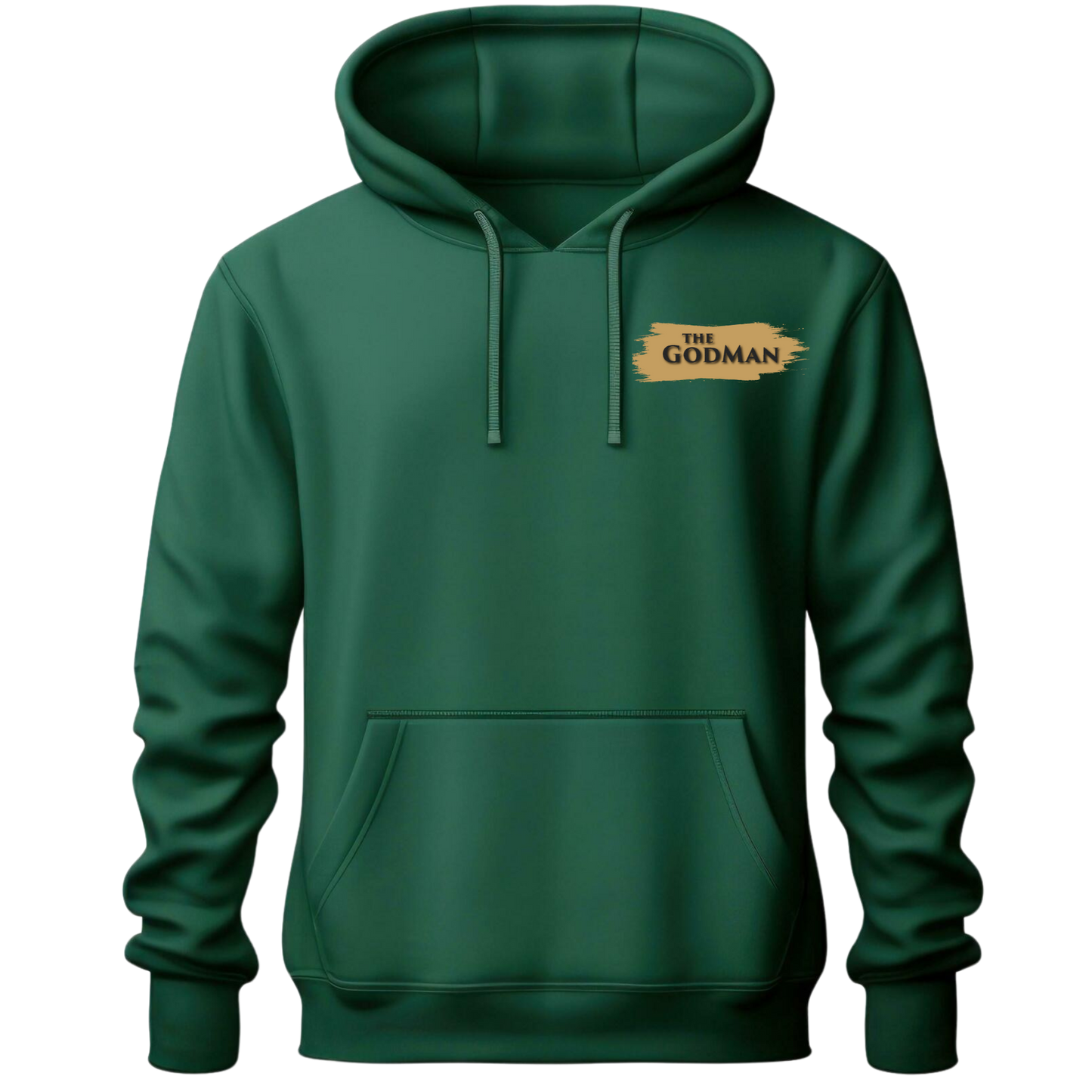 Green hoodie with 'The Godman' logo on a white background