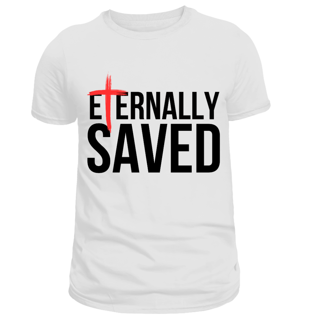 White t-shirt with 'Eternally Saved' text and red cross on a white background