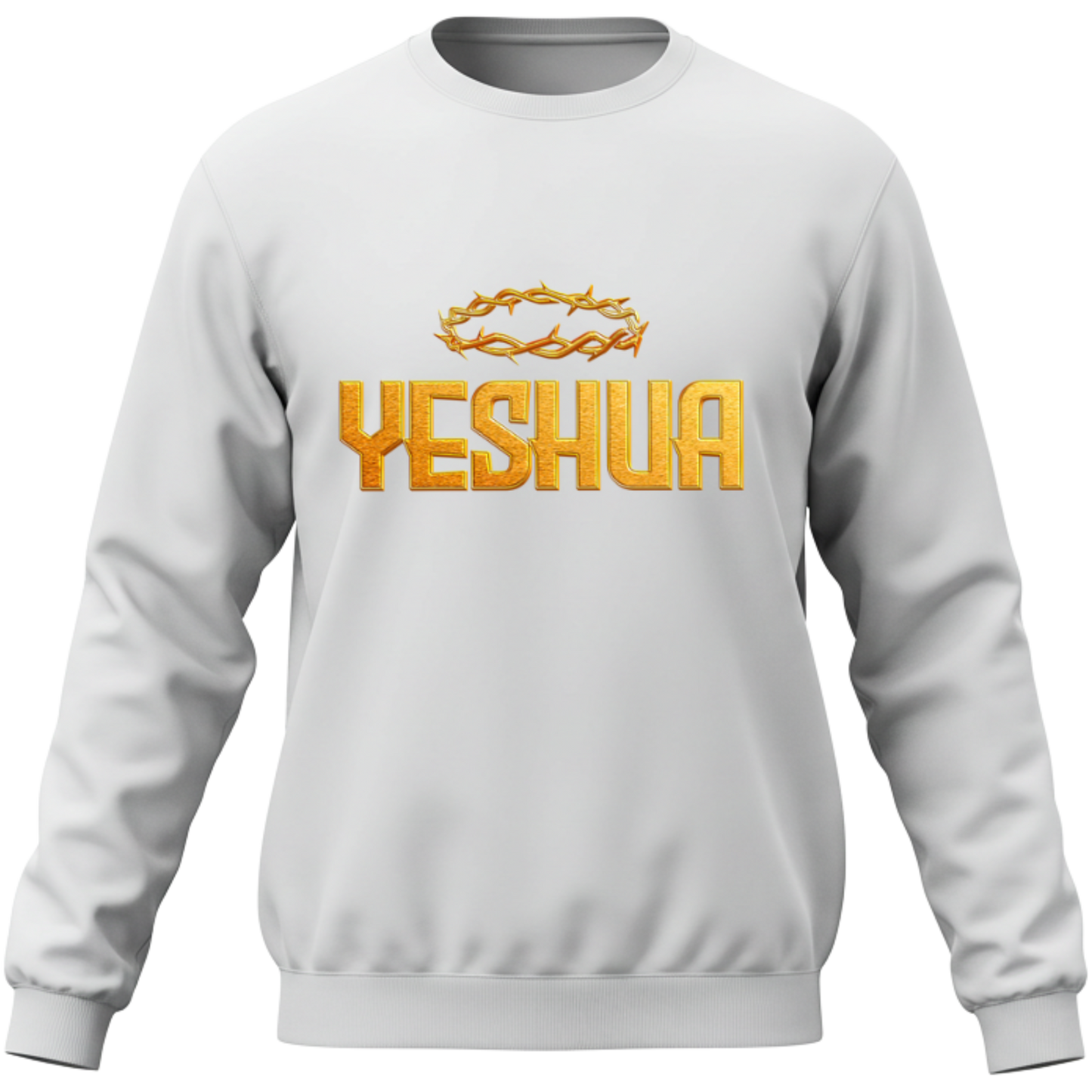 White sweatshirt with 'YESHUA' printed in yellow with a crown of thorns