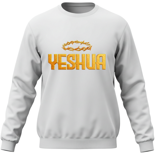 White sweatshirt with 'YESHUA' printed in yellow with a crown of thorns