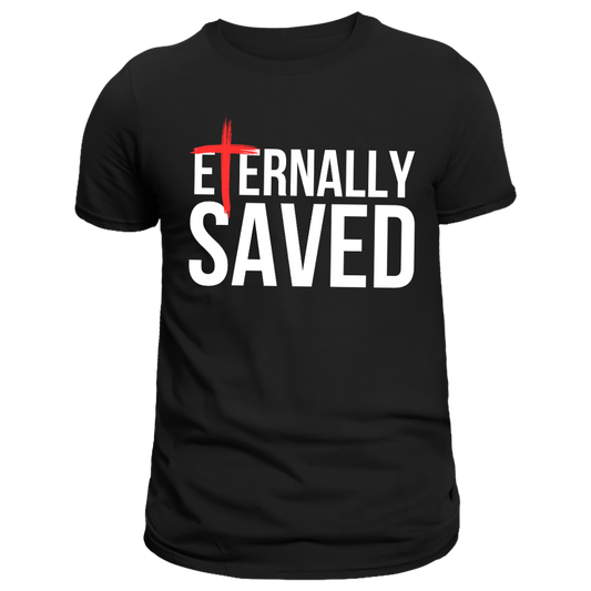 Black t-shirt with 'Eternally Saved' text and red cross on a white background