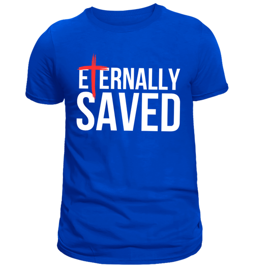 Blue t-shirt with 'Eternally Saved' text and red cross on a white background
