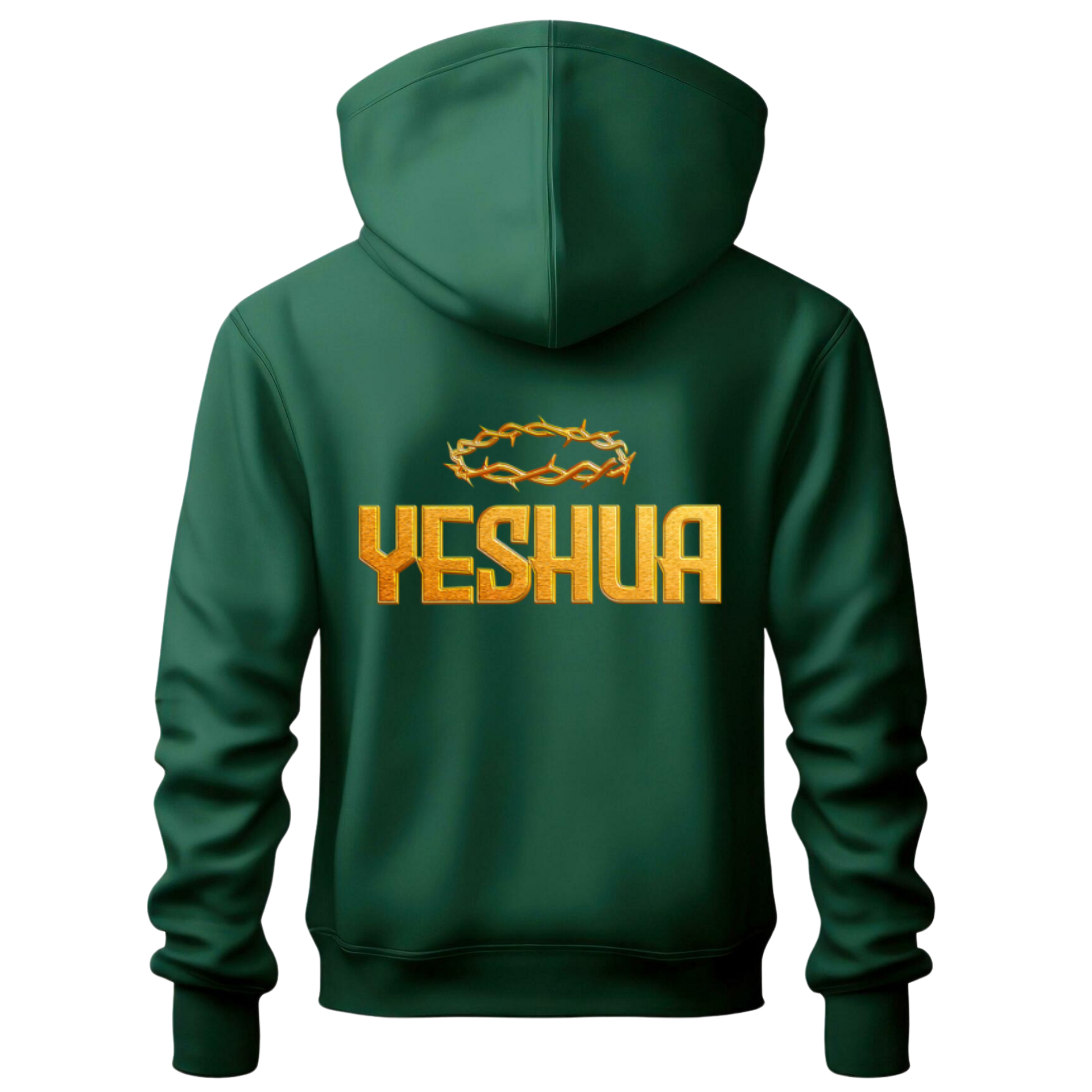 Green hoodie with 'Yeshua' printed on the back against a white background