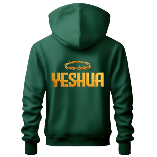 Green hoodie with 'Yeshua' printed on the back against a white background