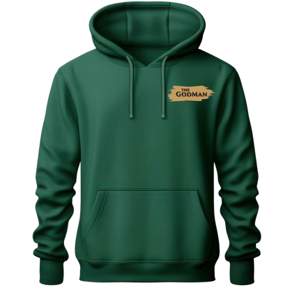 Green hoodie with 'The Godman' logo on a white background