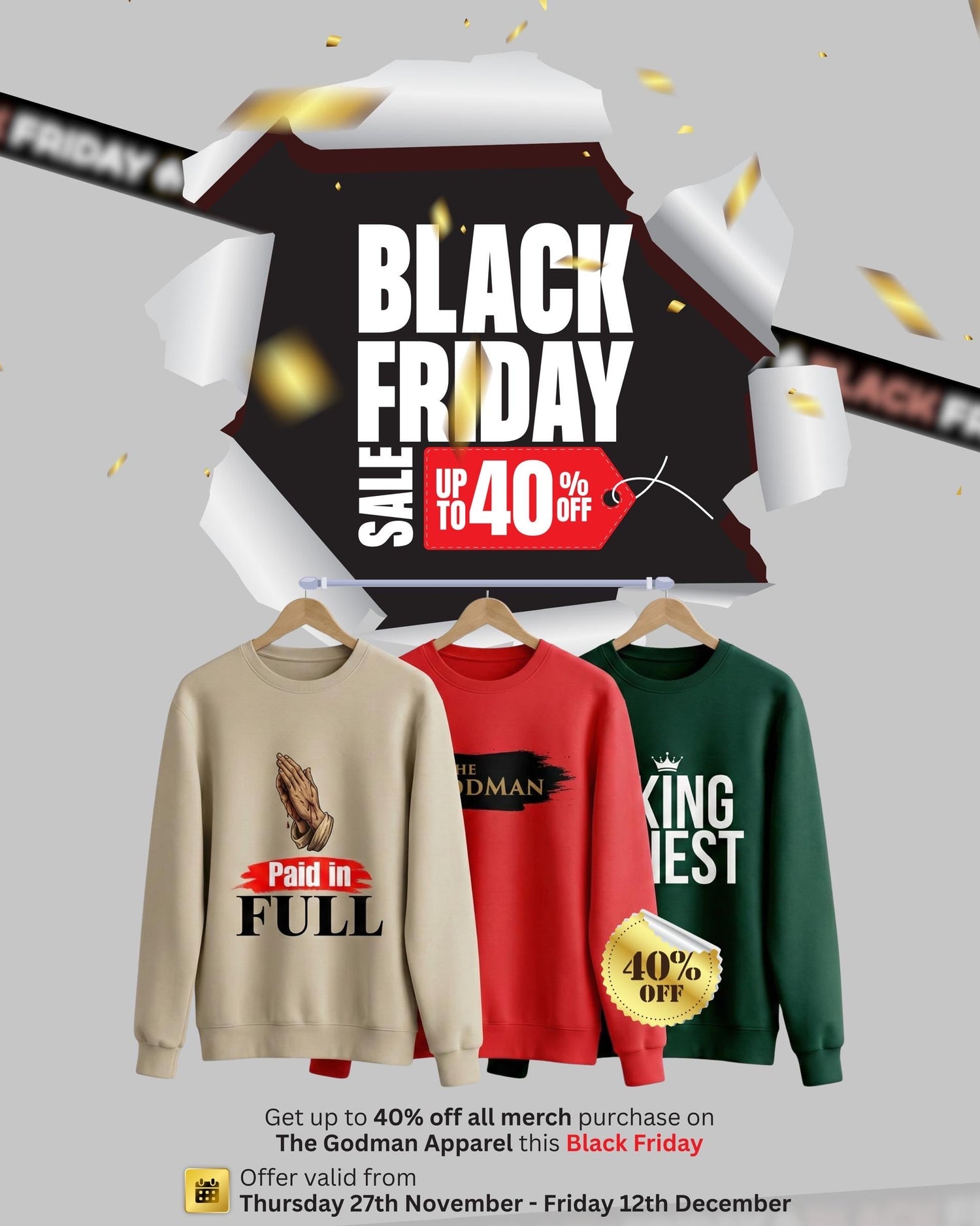 Black Friday sale advertisement with sweaters and promotional text on a gray background